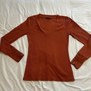 Level Up Womens Rust Orange Waffle Knit V-Neck Thermal Top Button Cuff UP2174 M